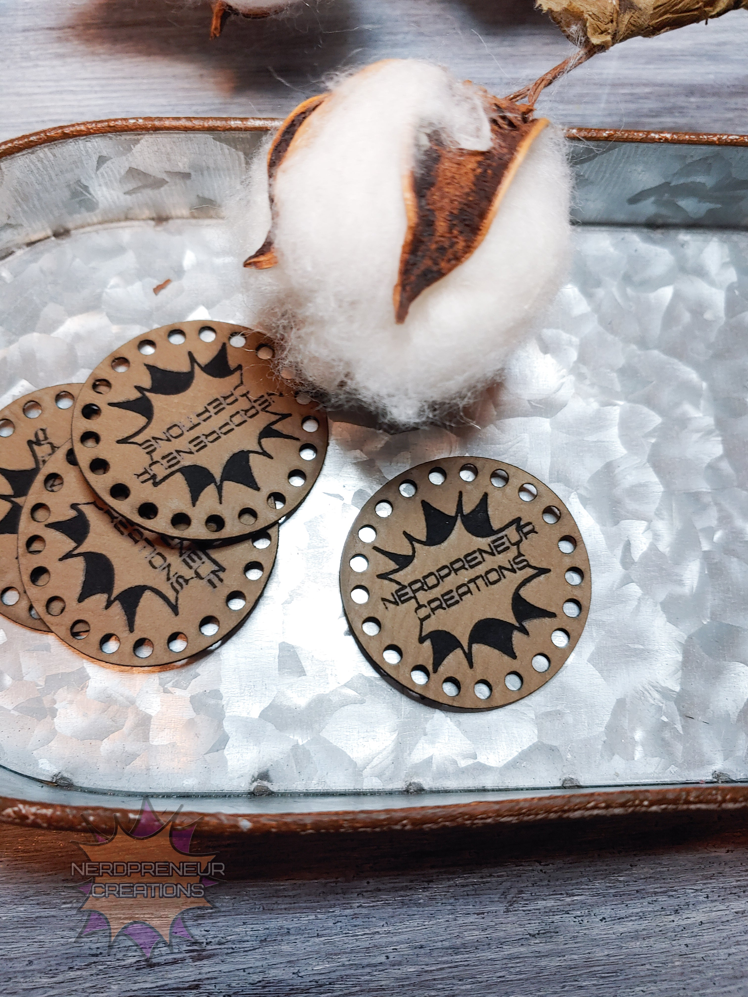 Custom Logo Faux Leather Tags: Round Vegan Crafter Tags, Faux Leather, Cozy Patches, Tags for Knitting or Crochet - Your Design or Logo