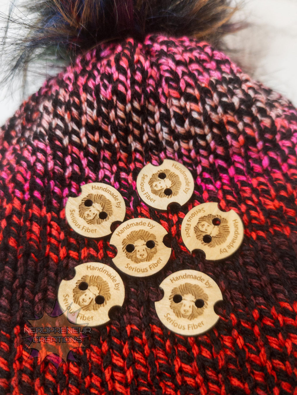 Custom Wooden Pom Buttons | Engraved Wooden Buttons with Notches & Yarn Holes for Beanies & Poms