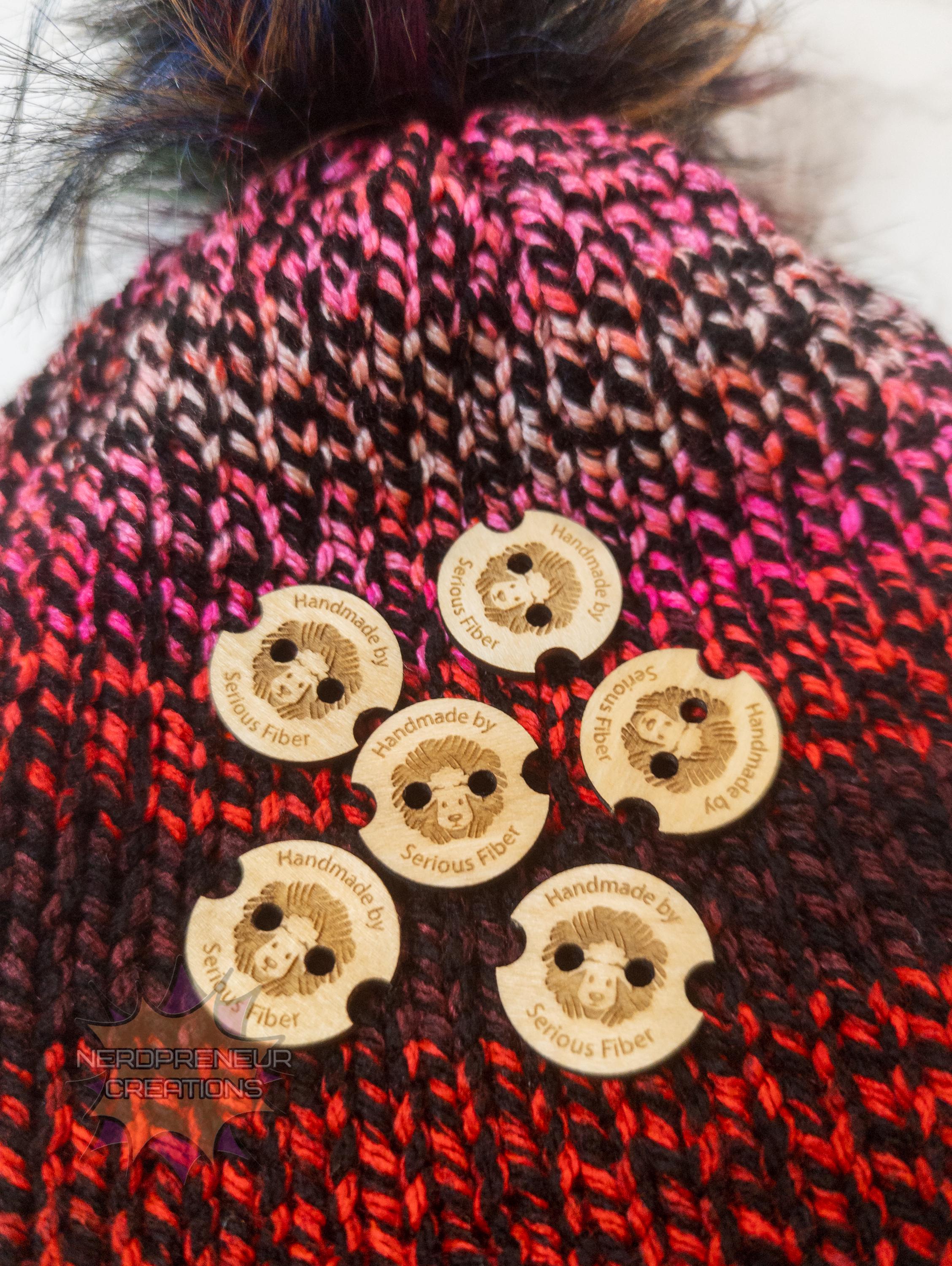 Custom Wooden Pom Buttons | Engraved Wooden Buttons with Notches & Yarn Holes for Beanies & Poms
