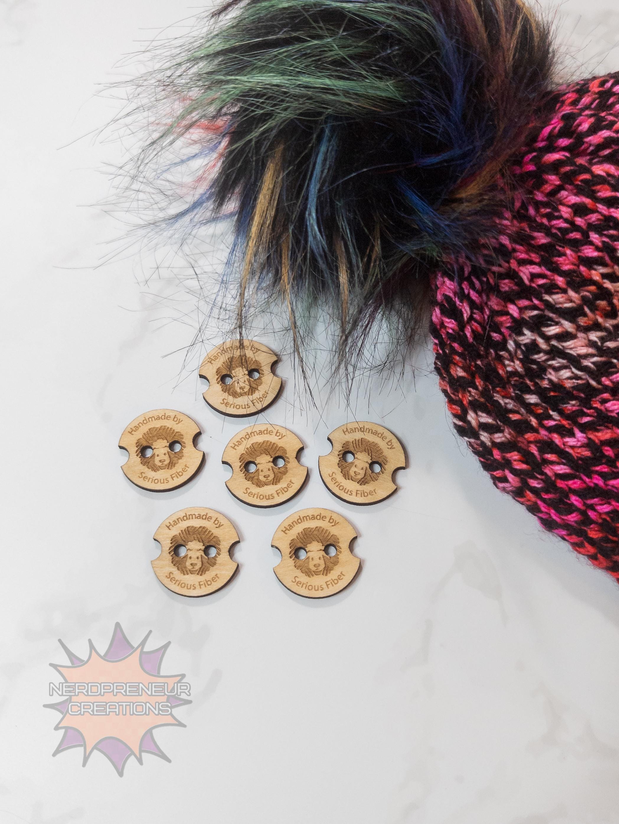 Custom Wooden Pom Buttons | Engraved Wooden Buttons with Notches & Yarn Holes for Beanies & Poms