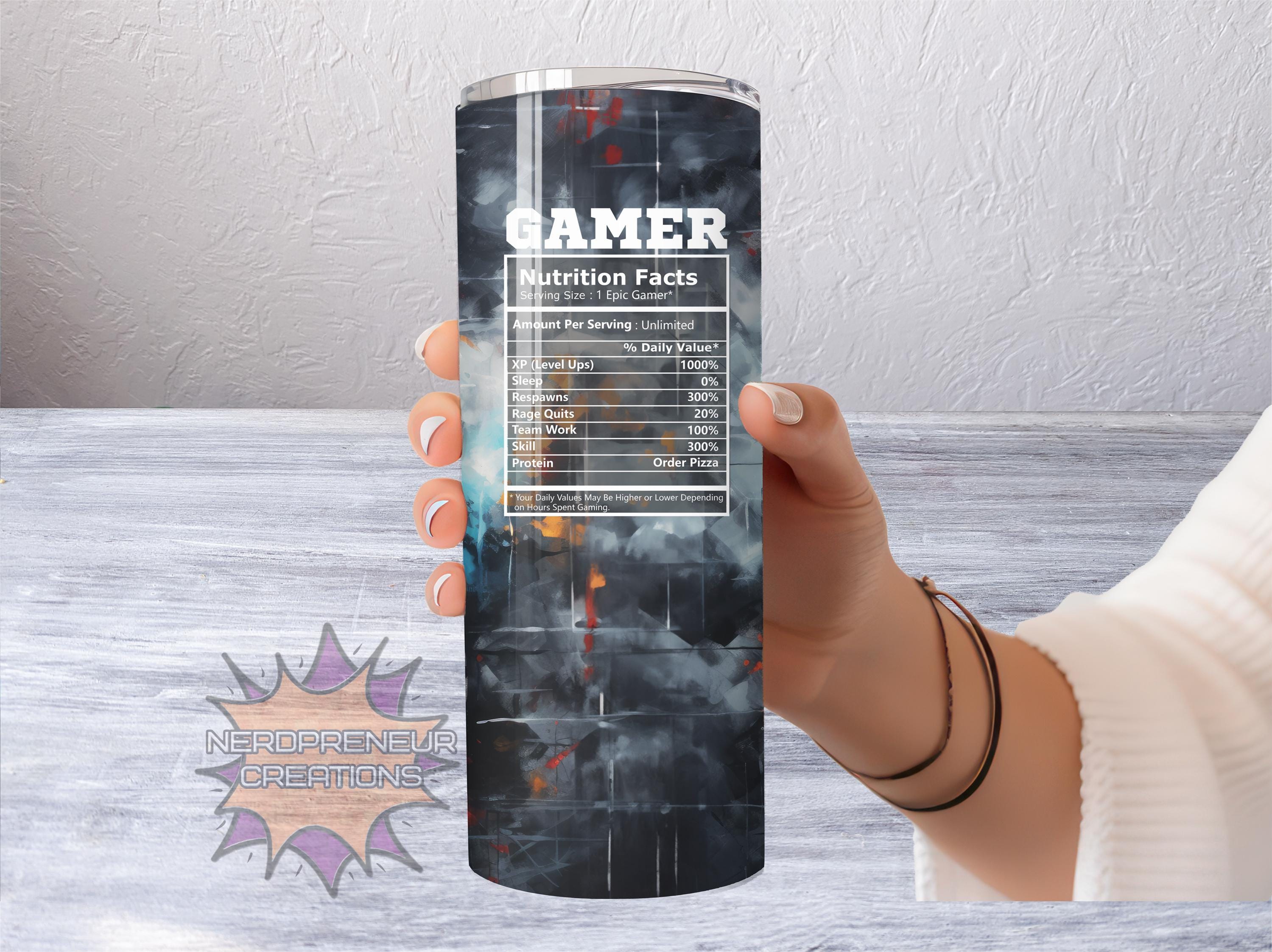Gamer Facts 20oz Skinny Sublimated Tumbler with Lid & Straw | Double-Walled Stainless Steel Drinkware