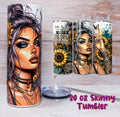 20 oz skinny tumbler with artistic design of a woman and sunflowers on a wooden background