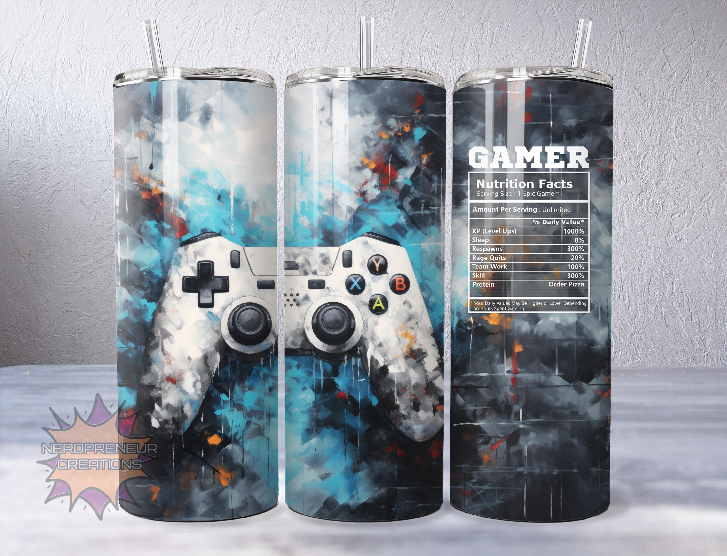 Gamer Facts 20oz Skinny Sublimated Tumbler with Lid & Straw | Double-Walled Stainless Steel Drinkware