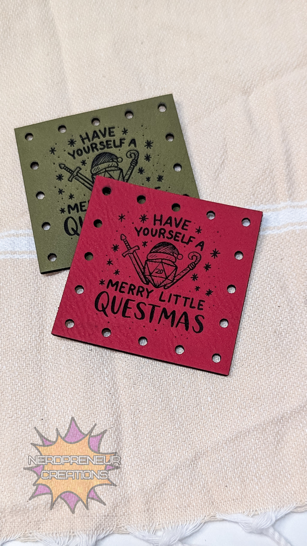 Merry Questmas Sew-On Faux Leather Patch Pack | Nerdy Christmas Crochet & Knitwear Patches (Set of 3)