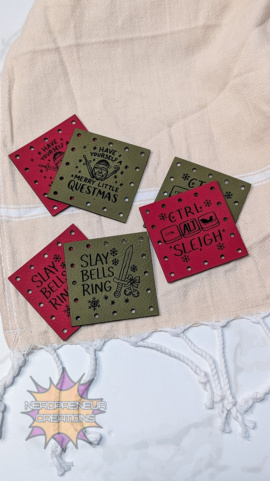 Merry Questmas Sew-On Faux Leather Patch Pack | Nerdy Christmas Crochet & Knitwear Patches (Set of 3)