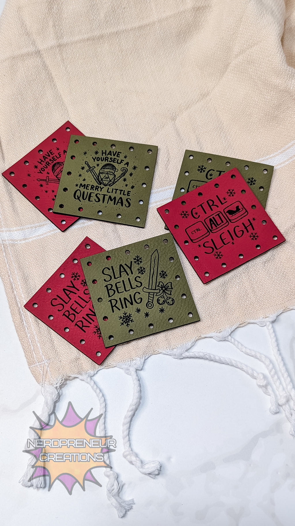 Merry Questmas Sew-On Faux Leather Patch Pack | Nerdy Christmas Crochet & Knitwear Patches (Set of 3)