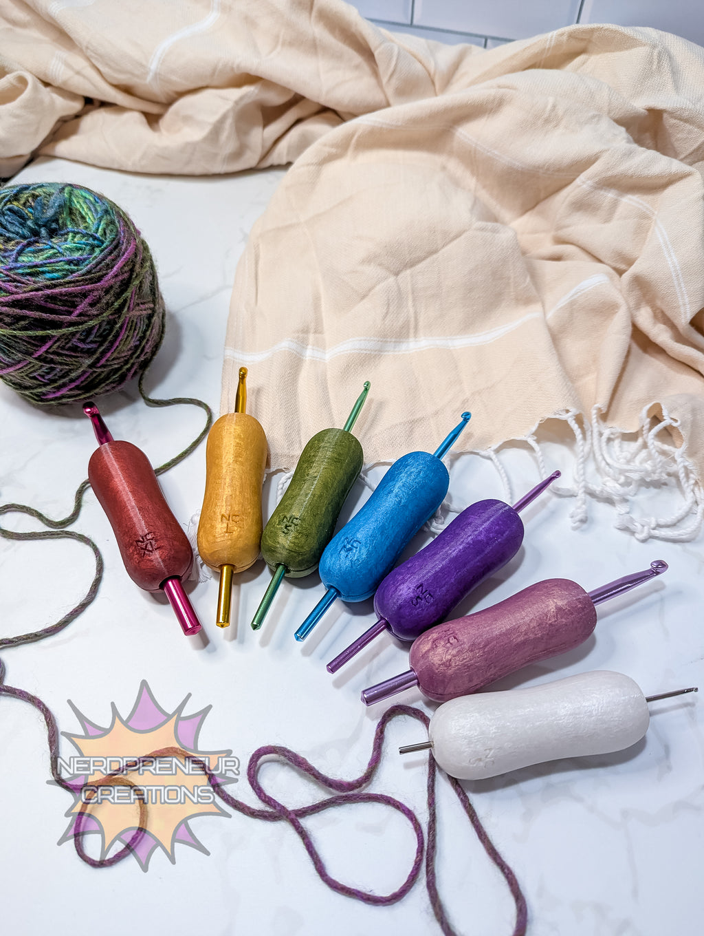 Colorful silicone crochet grip on a textured fabric background
