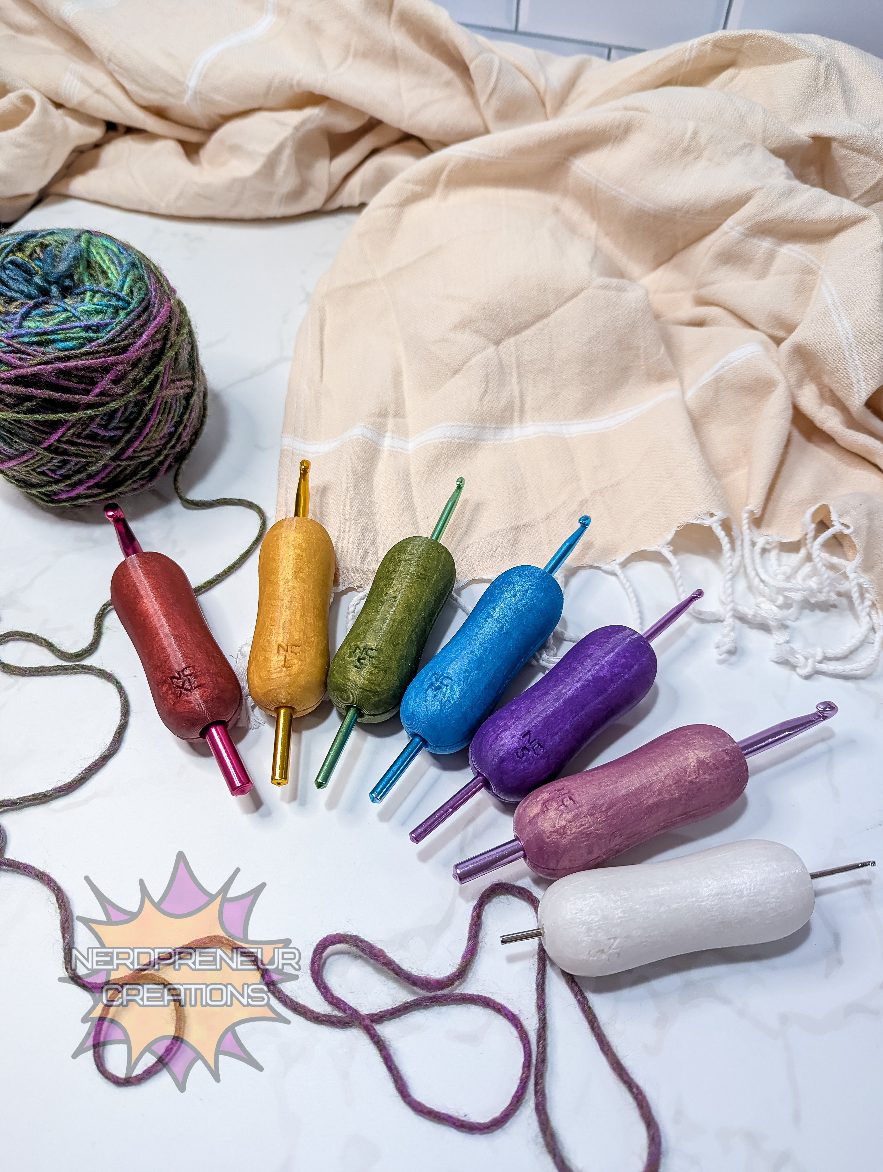 Colorful silicone crochet grip on a textured fabric background