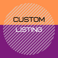 Text 'CUSTOM LISTING' on a background with orange and purple colors and striped pattern.