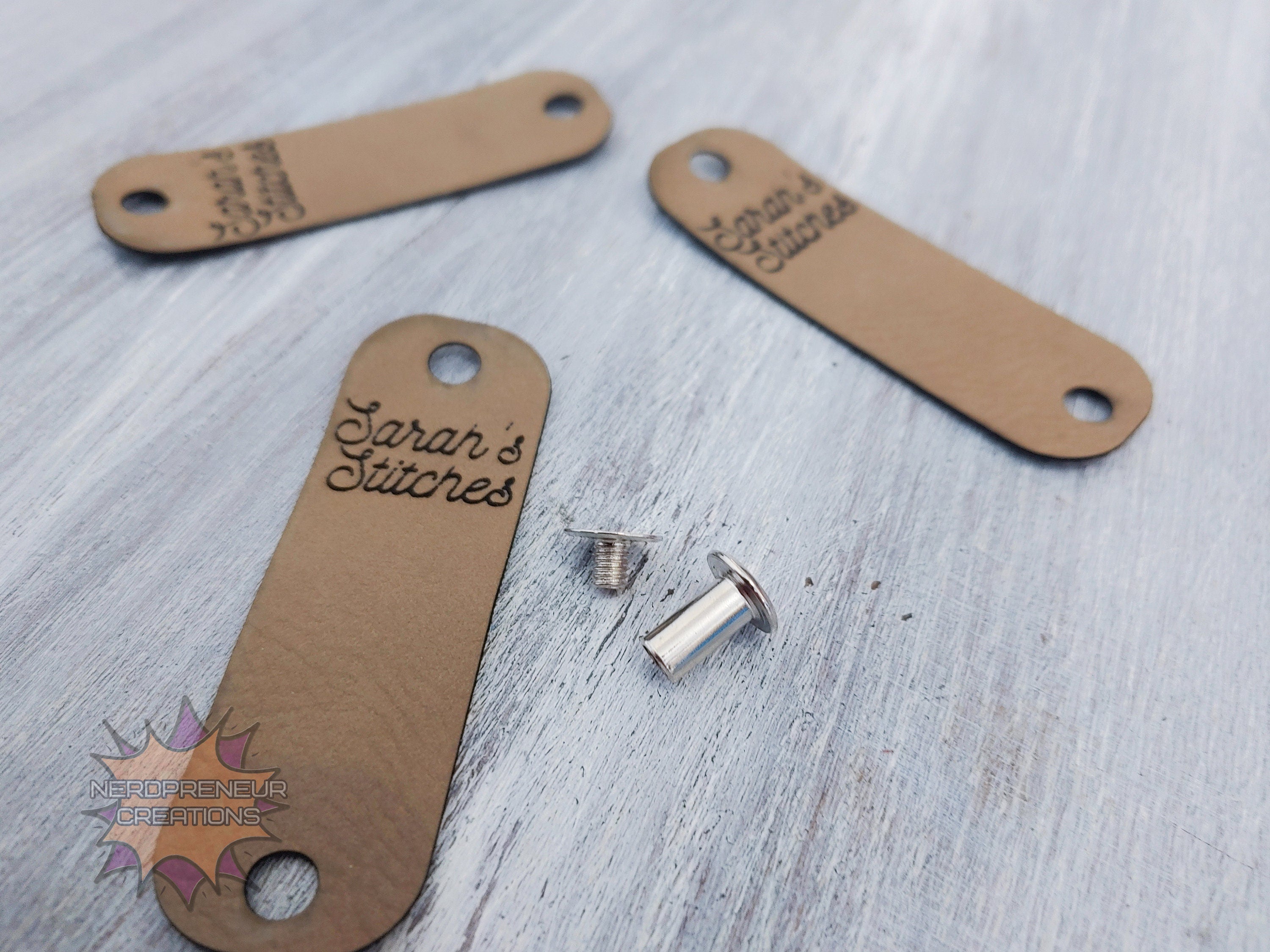 Custom Fold-Over Vegan Faux Leather Tags with Chicago Screw Option | Personalized No-Sew Branding Tags for Crochet, Knitwear & Handmade Items