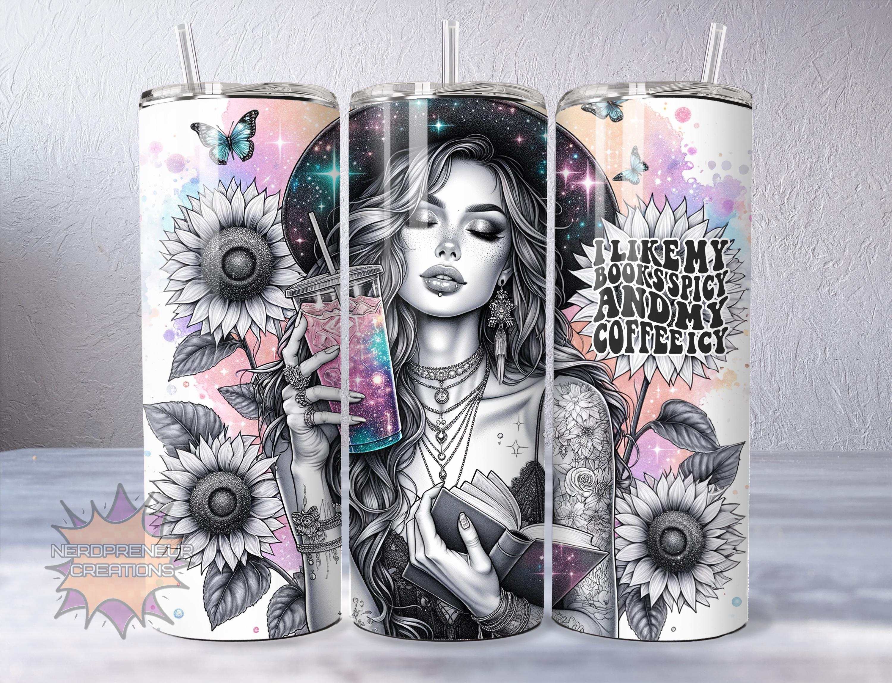 Spicy Books & Icy Coffee 20oz Skinny Sublimated Tumbler with Lid & Straw | Double-Walled Stainless Steel Drinkware