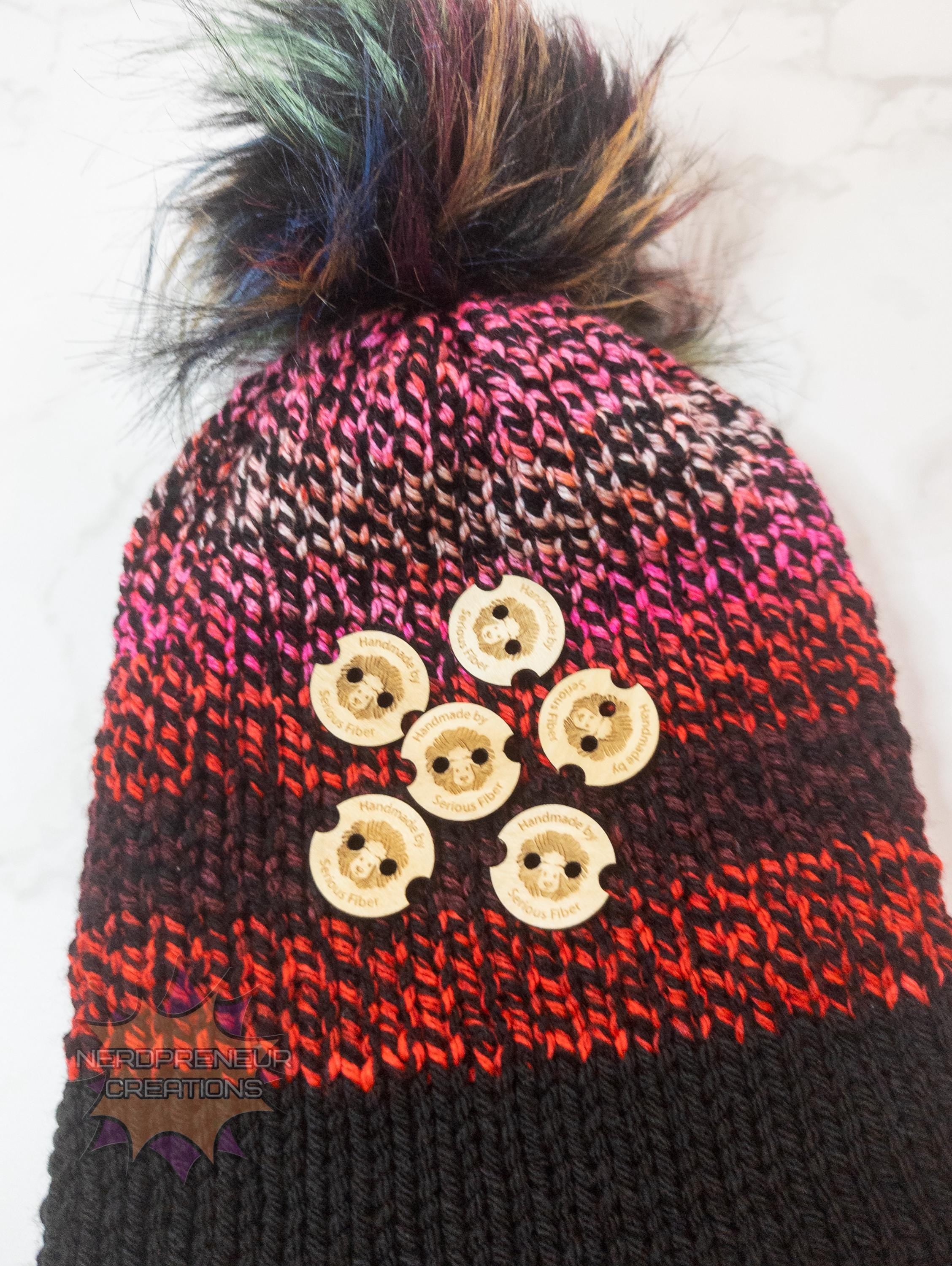 Custom Wooden Pom Buttons | Engraved Wooden Buttons with Notches & Yarn Holes for Beanies & Poms