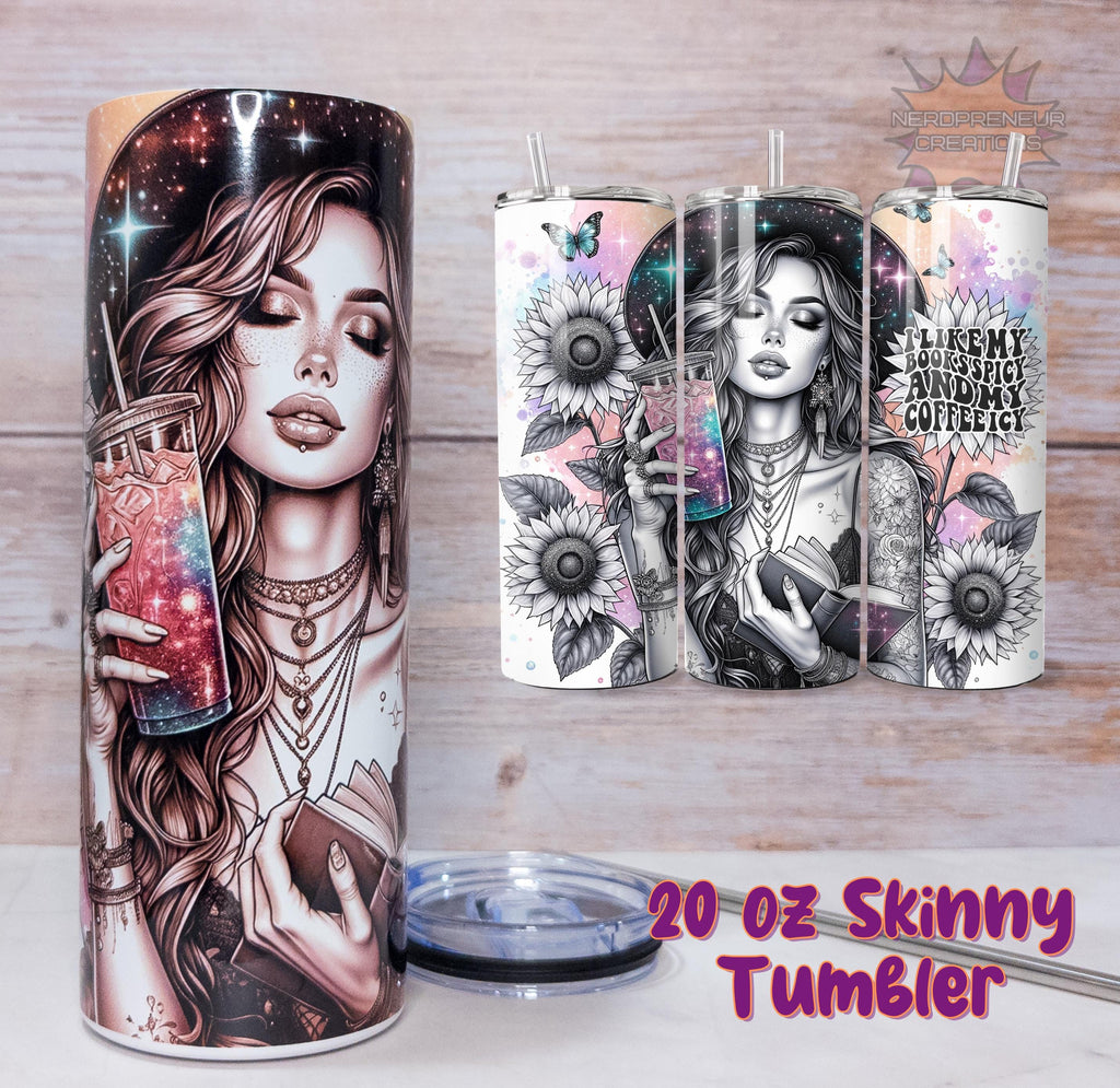 Spicy Books & Icy Coffee 20oz Skinny Sublimated Tumbler with Lid & Straw | Double-Walled Stainless Steel Drinkware