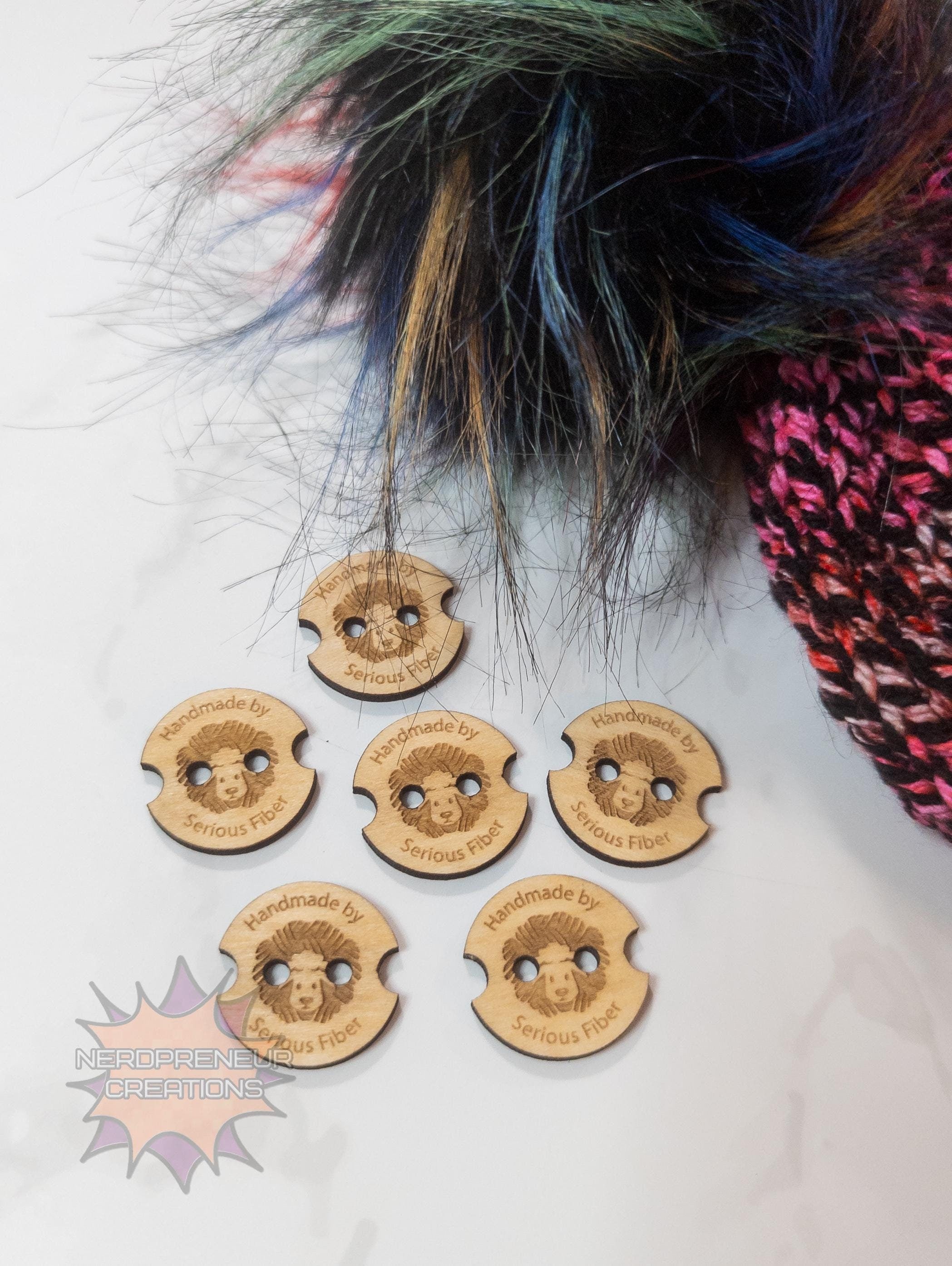 Custom Wooden Pom Buttons | Engraved Wooden Buttons with Notches & Yarn Holes for Beanies & Poms