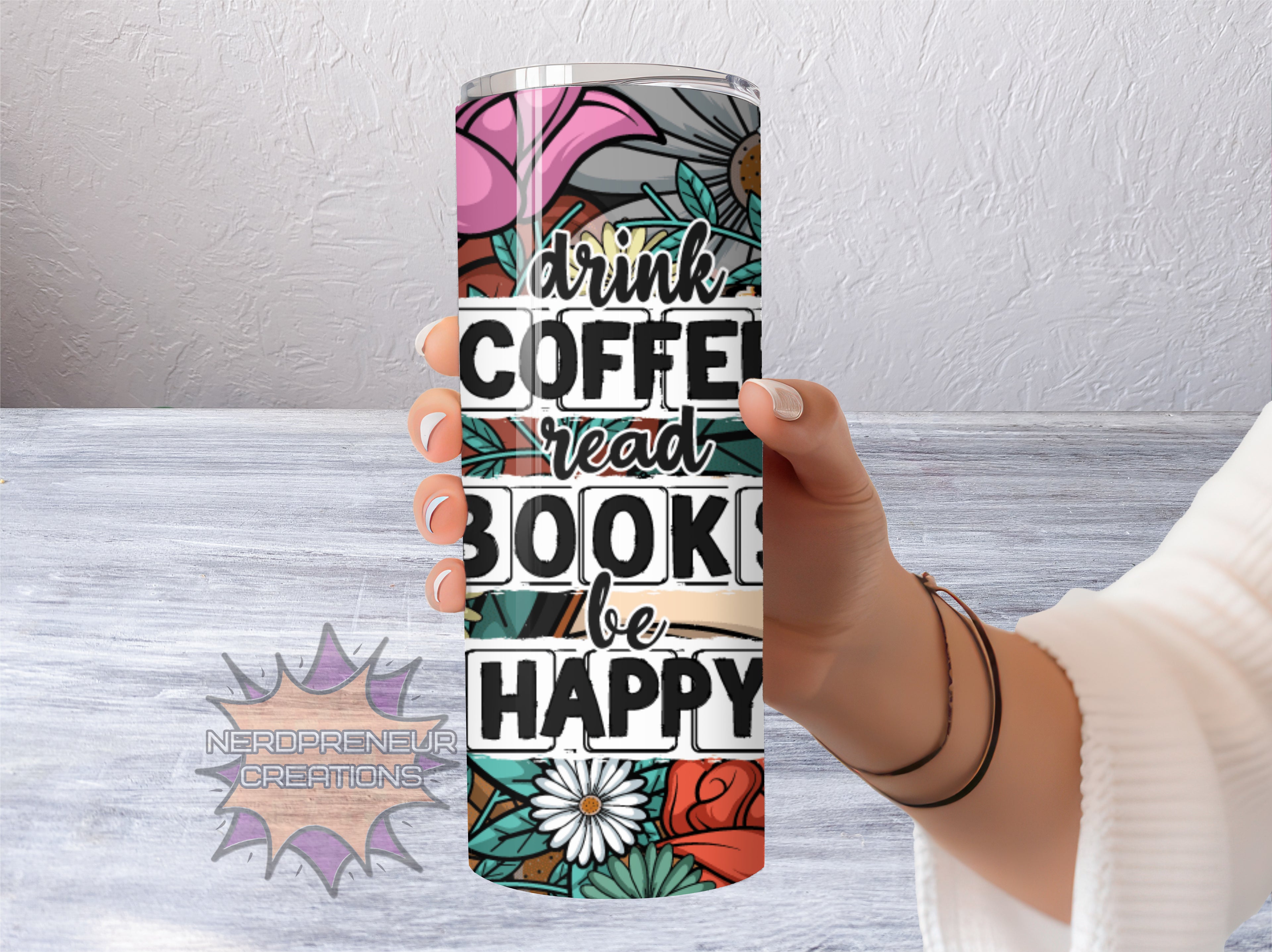 Drink Coffee & Read Books 20oz Skinny Sublimated Tumbler with Lid & Straw | Double-Walled Stainless Steel Drinkware