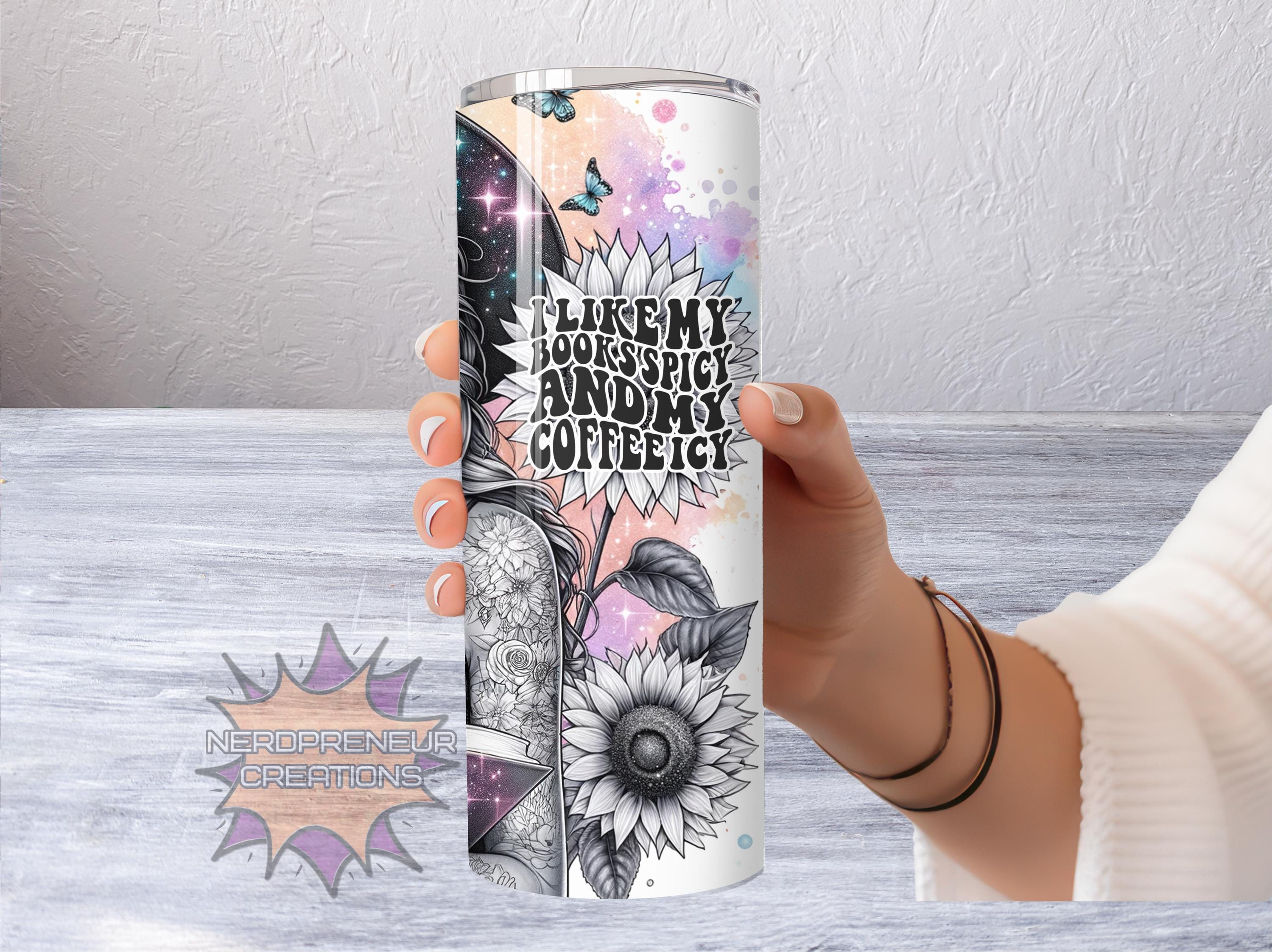 Spicy Books & Icy Coffee 20oz Skinny Sublimated Tumbler with Lid & Straw | Double-Walled Stainless Steel Drinkware