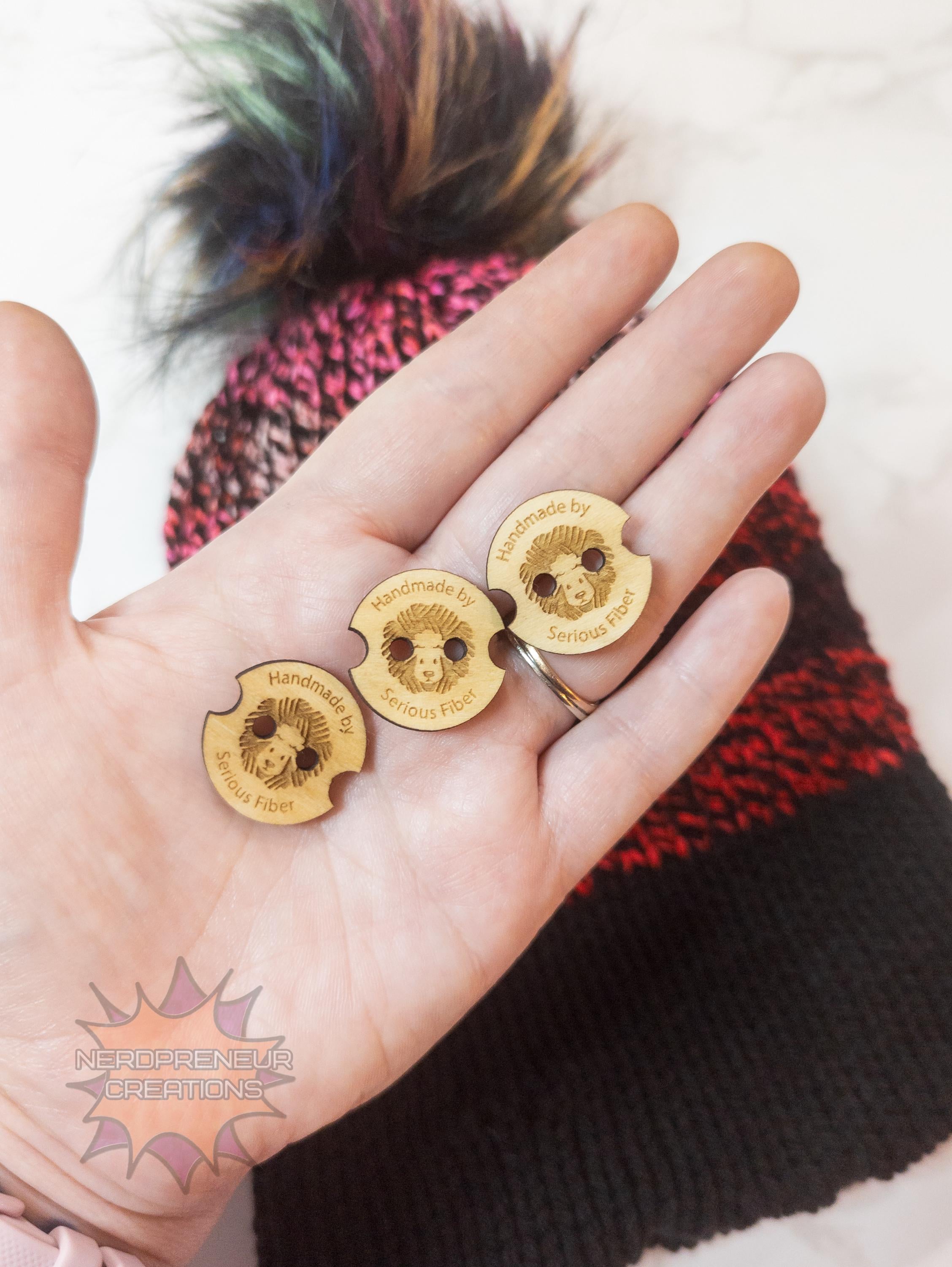 Custom Wooden Pom Buttons | Engraved Wooden Buttons with Notches & Yarn Holes for Beanies & Poms